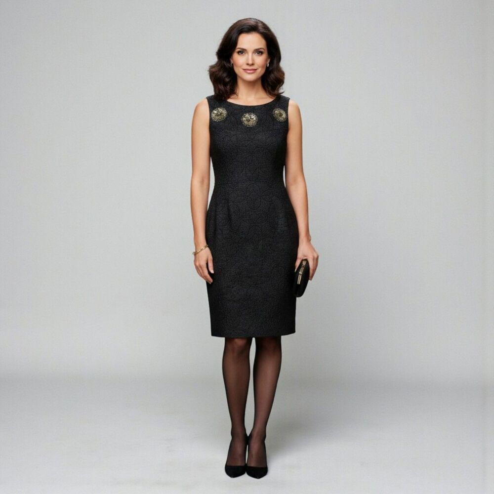 Kay Unger Size 10 Black Shimmer Dress Gold Embellished Cocktail Formal Elegant